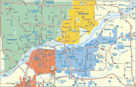 map of usa with cities. in the Quad Cities