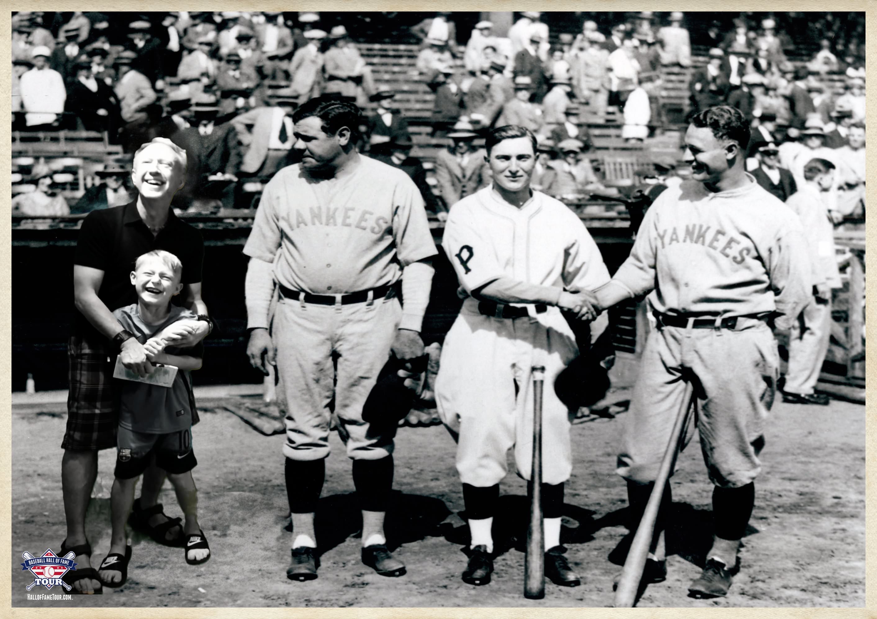 Sean Leary and his son, Jackson, meet Babe Ruth and other sluggers in an interactive photo exhibit at the Baseball Hall of Fame show in Davenport.
