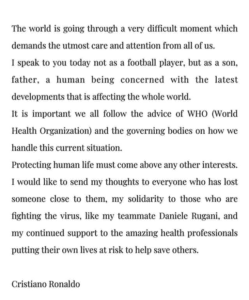 Cristiano Ronaldo Encourages Players And Families To Stay Safe From Coronavirus