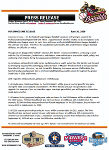 Quad City River Bandits Cancel Season