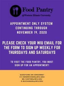Western Illinois University Food Pantry Continuing Appointment System through Nov. 18