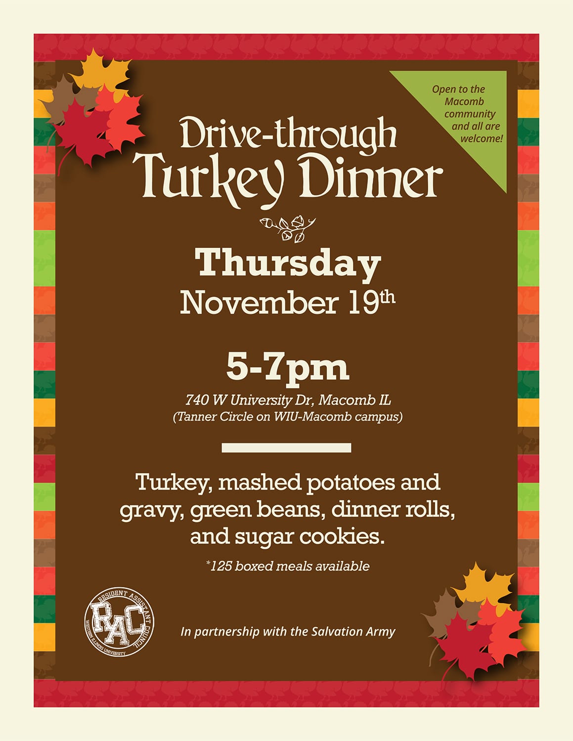 WIU RAC Partnering with Salvation Army for DriveThrough Turkey Dinner Thursday Quad Cities