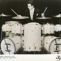 Louie Bellson, who grew up in Moline, pictured with his patented dual bass-drum set, around 1947 (in his early 20s).
