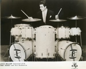 Louie Bellson, who grew up in Moline, pictured with his patented dual bass-drum set, around 1947 (in his early 20s).