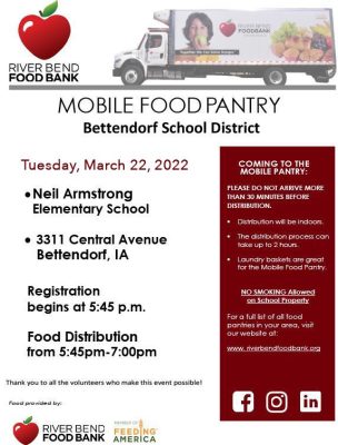 Bettendorf Schools, River Bend Food Pantry, Holding Mobile Food Pantry Today